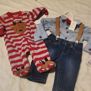 Christmas, Holiday, Carter's New Born Baby, Outfit W Suspenders & Reindeer PJ's